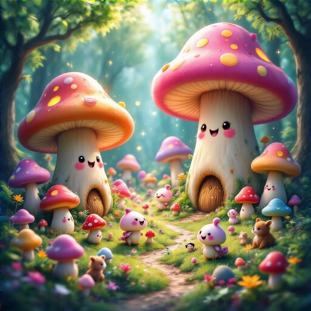 Vibrant Magical Forest Filled with Whimsical Mushrooms and P...