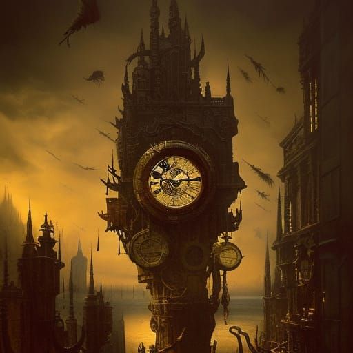 Surreal Midnight Clock in Steampunk Style
