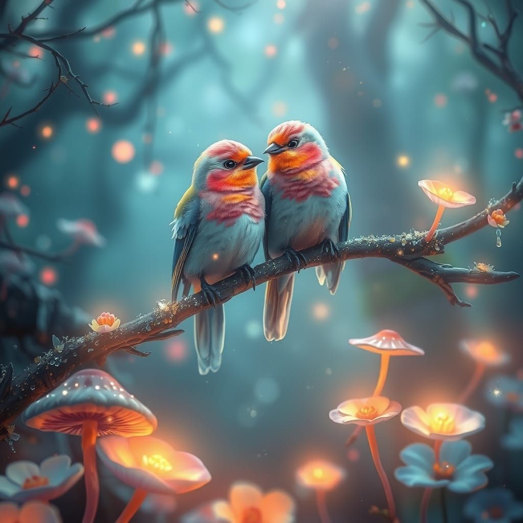 realistic an enchanted forest, two delicate birds sit on a m...