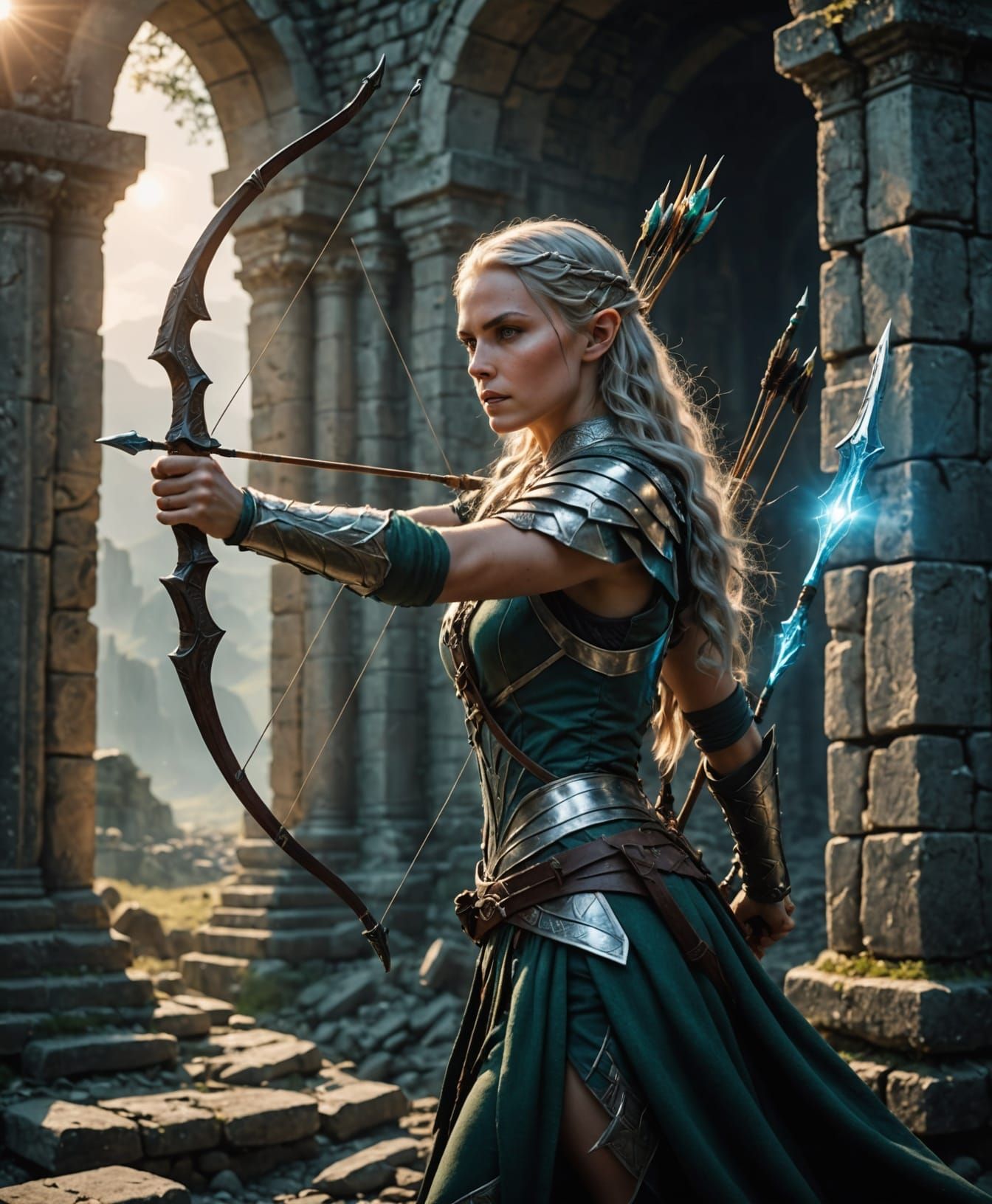 Elven warrior archer with silver bow, pulling back an arrow ...