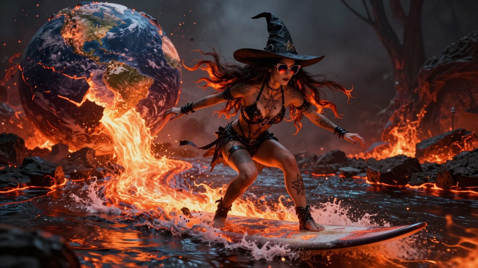 Surreal Witch Rides Lava River on Surfboard