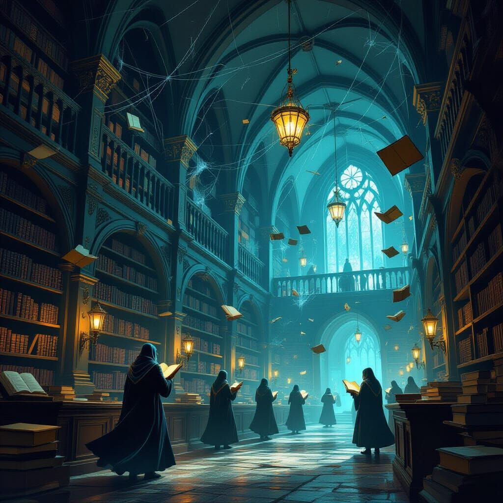 Mysterious Gothic Library with Spectral Scholars and Floatin...