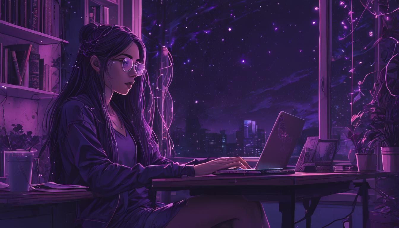 Cyberpunk Lofi Girl Gazing at Comet in Neon Night