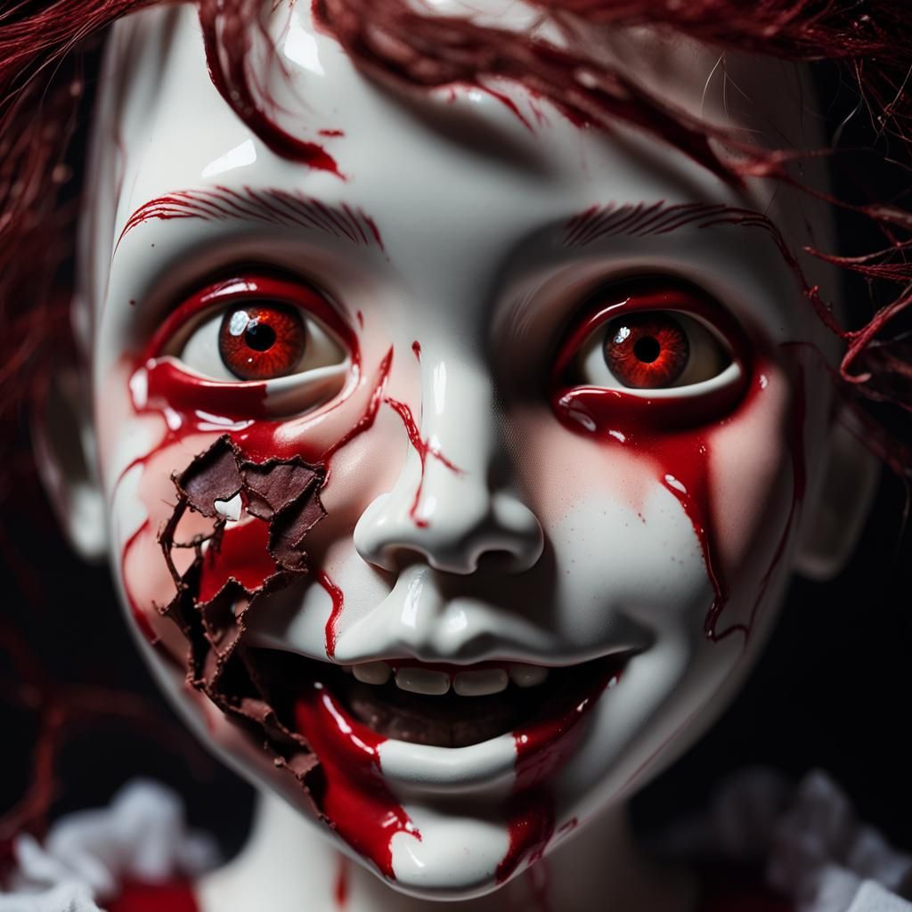 Ominous Broken Porcelain Doll Portrait in Hyperrealism