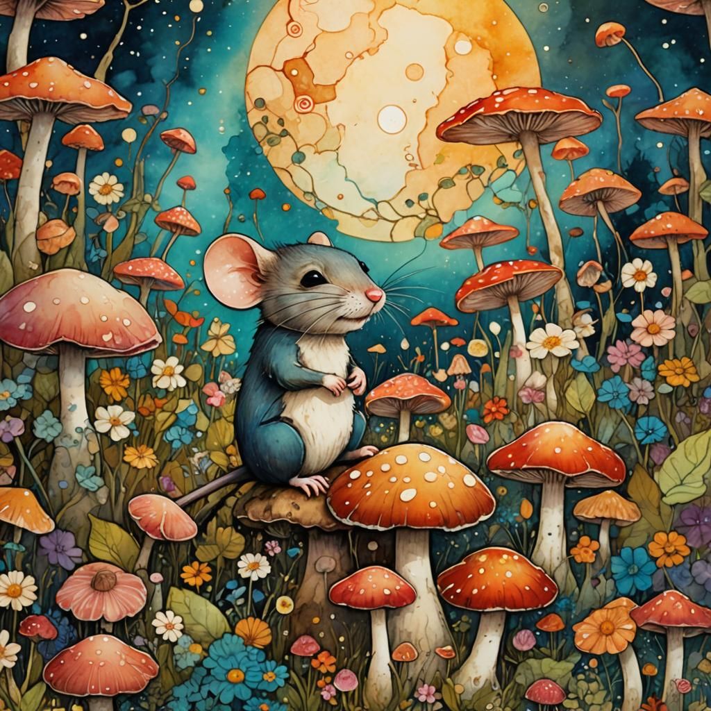 Mouse on Mushroom in Whimsical Folk Art Style