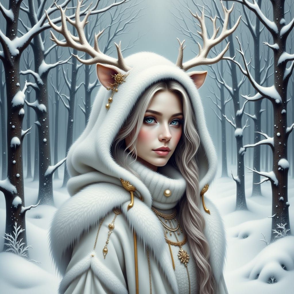Fantasy Snow Witch in Winter Forest Painting