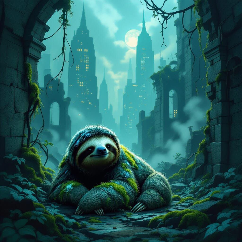 Bioluminescent Sloth in Ruined Futuristic NYC
