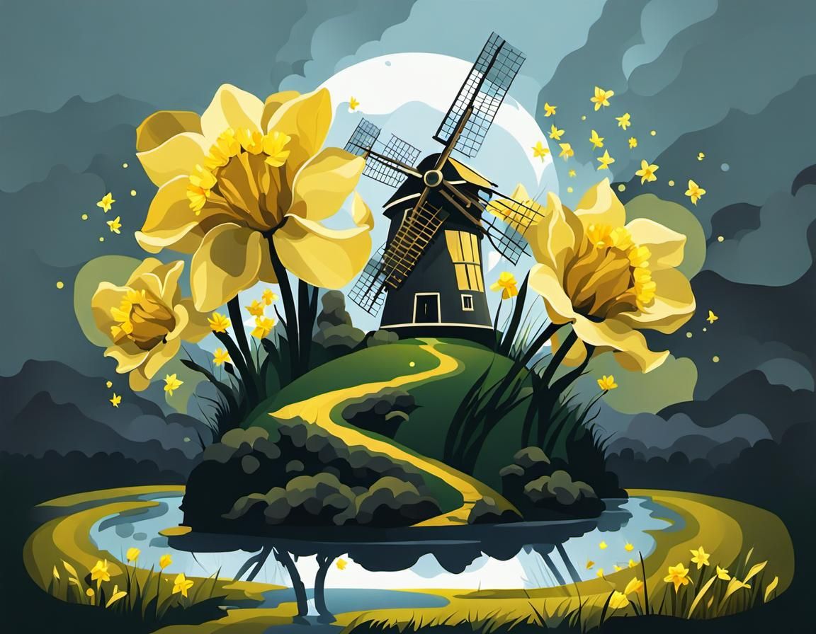 Dutch Windmill in Golden Landscape: Ornate Painting