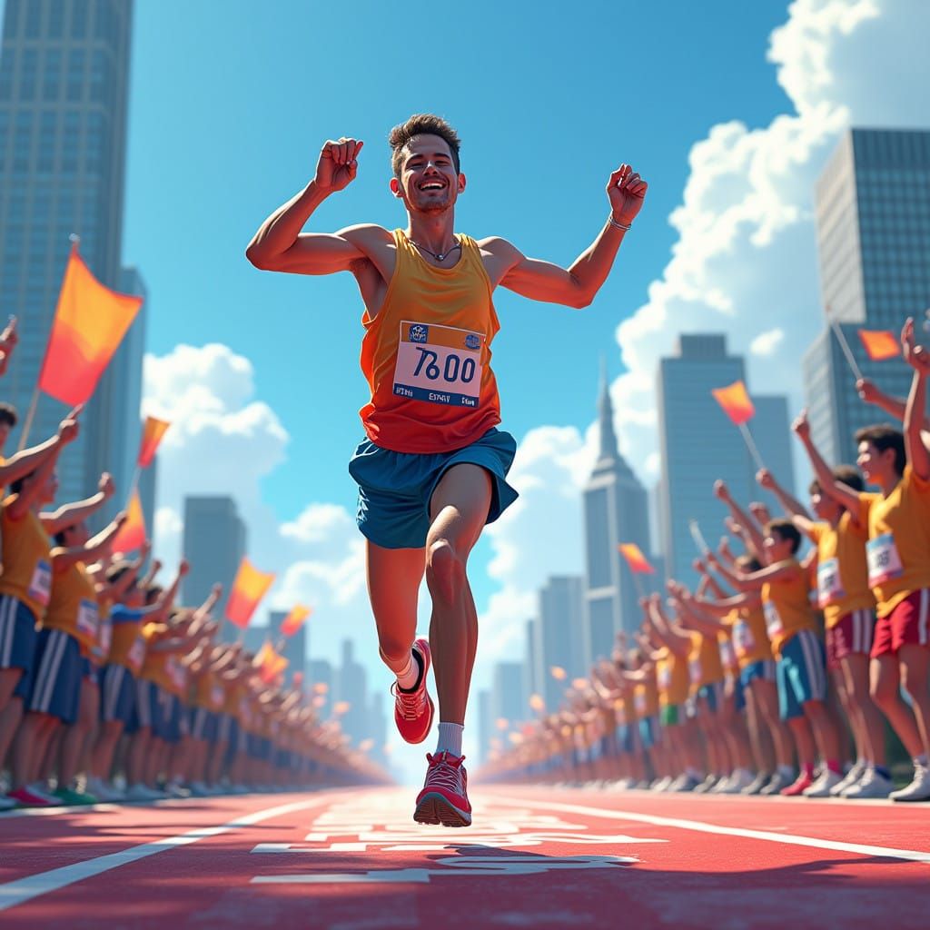 Determined Athlete Crosses Finish Line in Vibrant Urban Land...