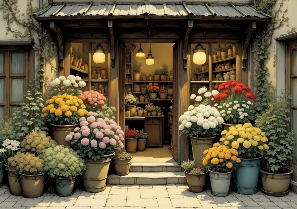 Vintage Flower Shop Entrance in Soft Evening Light
