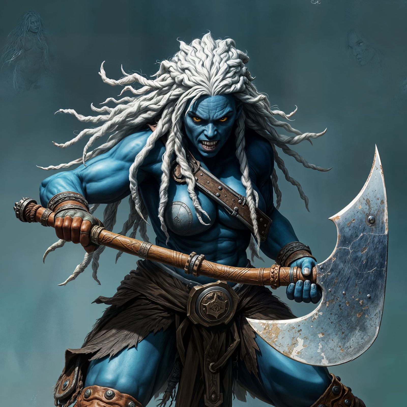 Blue-Skinned Barbarian Warrior Unleashes Fierce Battle Axe F...