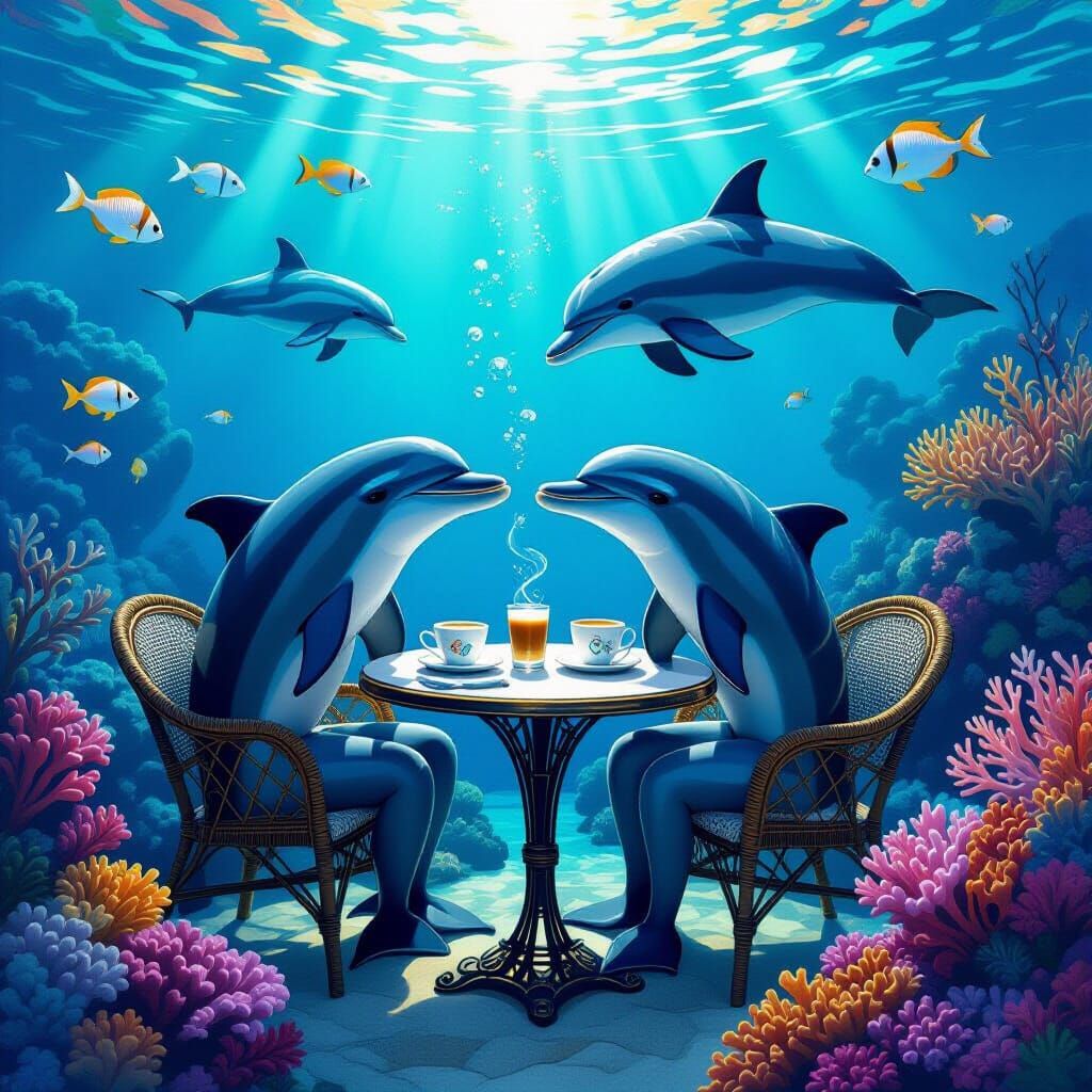 Underwater Cafe: Dolphins Enjoy Coffee Amidst Coral Reef