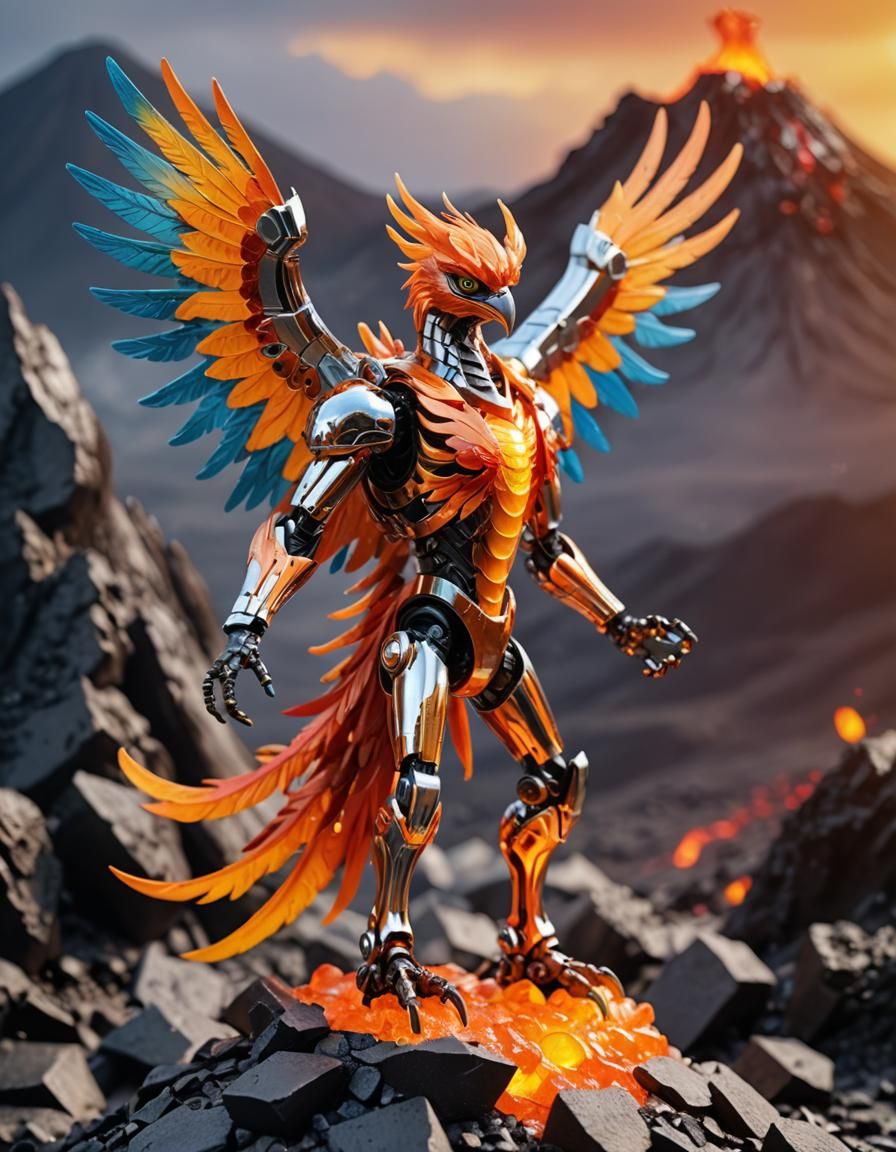 Chrome Phoenix Action Figure on Volcano Model
