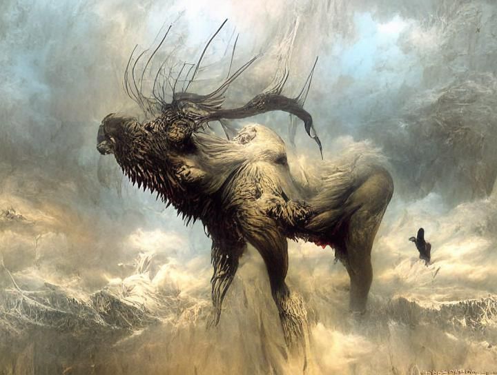 Epic Nature Monster Engraving in Romantic Style