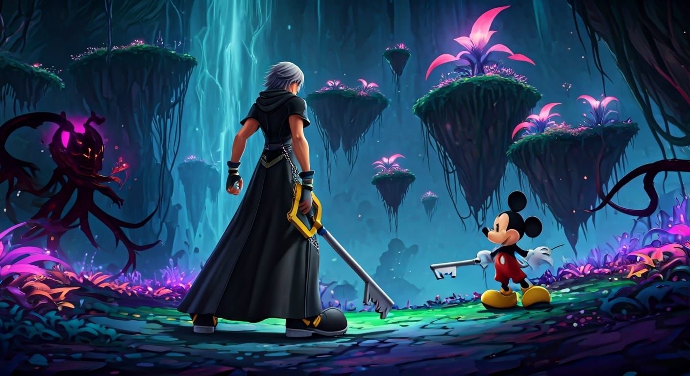 Riku and Mickey Mouse Battle Heartless in 3D