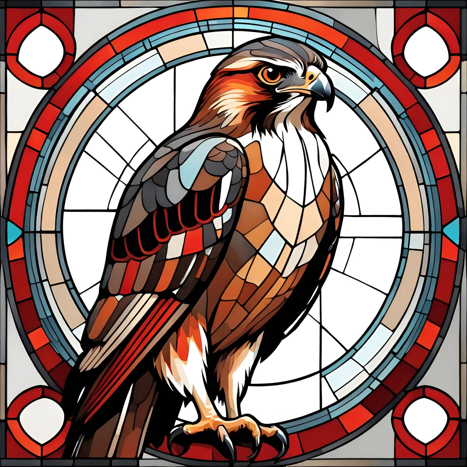 Modern Architectural Stained Glass Red-Tailed Hawk