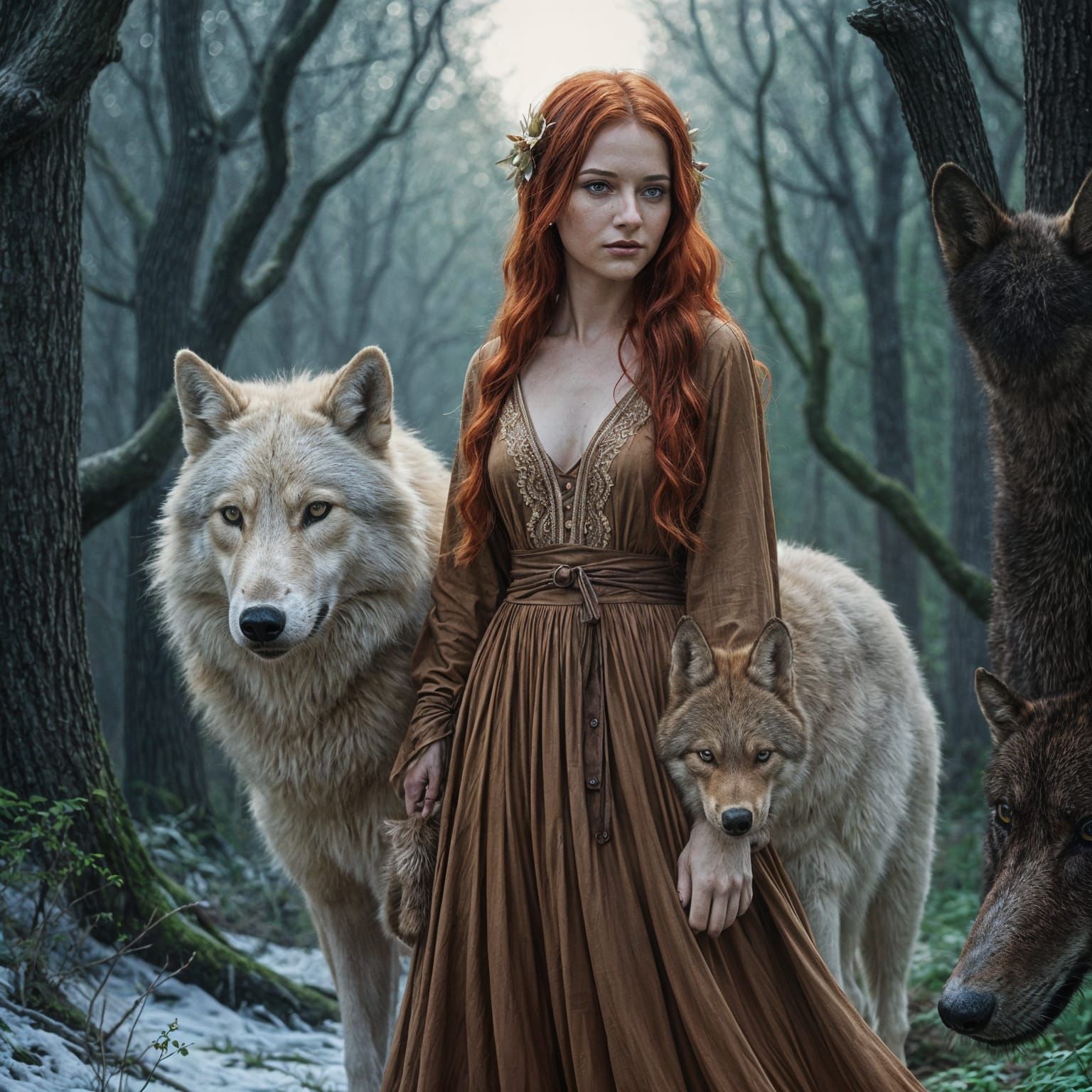 A red haired hazel eyed 34 year old woman wearing a dress st...