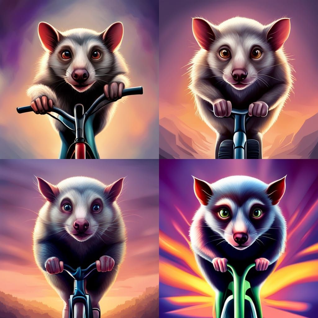 Hyperrealistic Opossum Rides Bicycle Concept Art