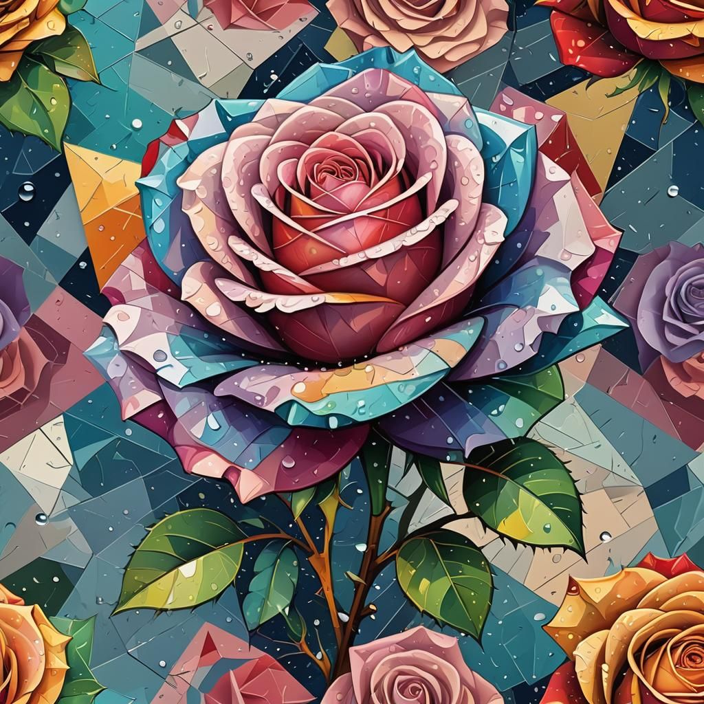 Colorful Rose in Cubist Art Deco Style