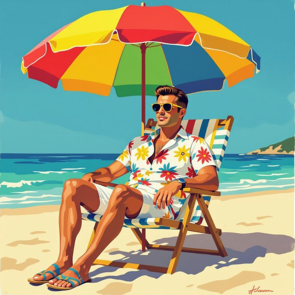 Relaxing Beach Scene in Style of Hockney