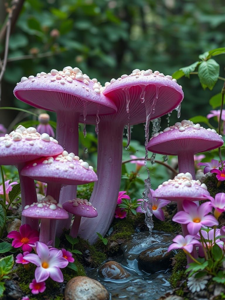 Surreal Mushroom Landscape with Exudate and Flowers
