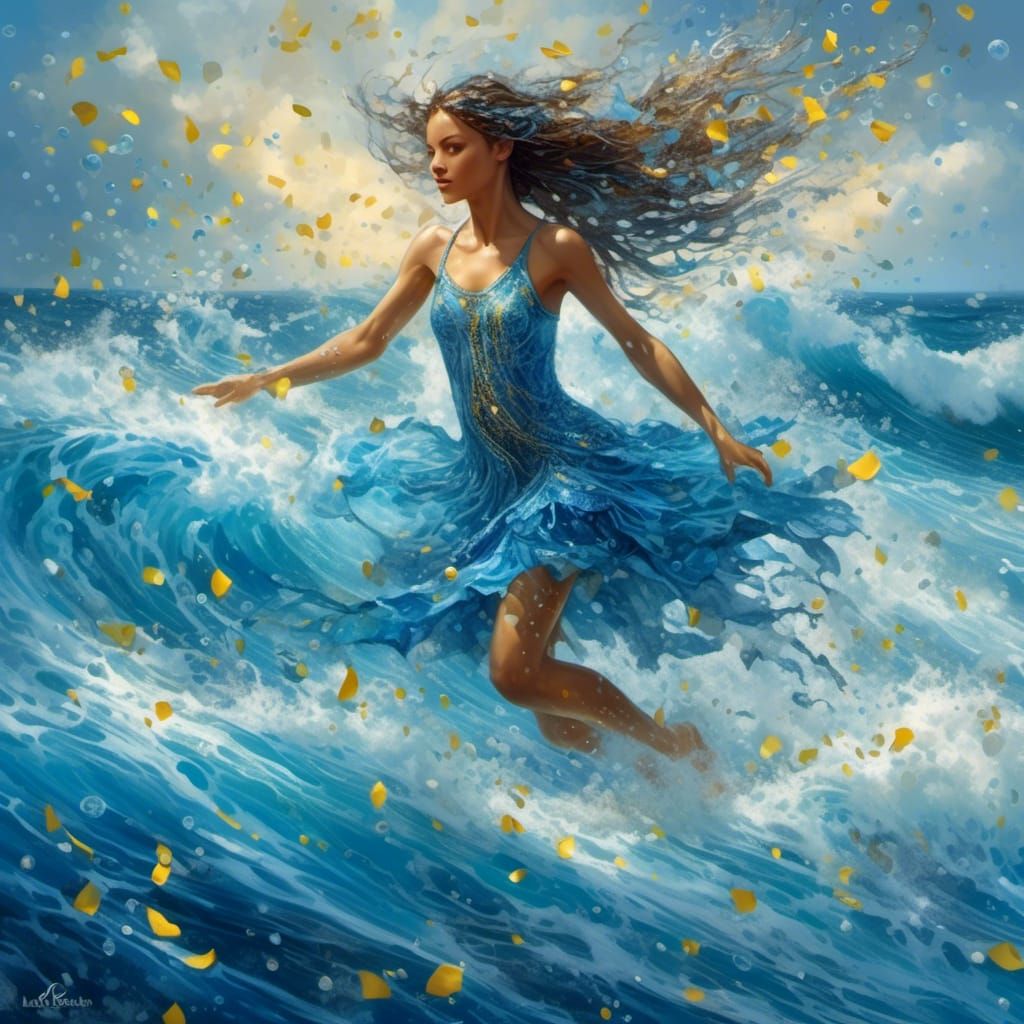Blue Water Fairy Surfing Ocean Waves: Alcohol Ink Art