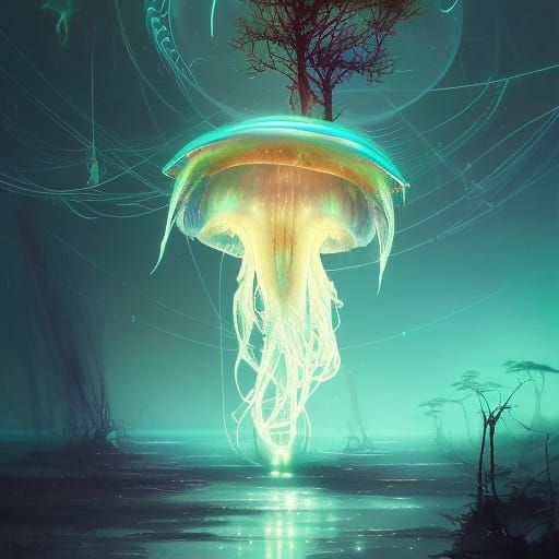 Cosmic Jellyfish Dinosaur in Psychedelic Style