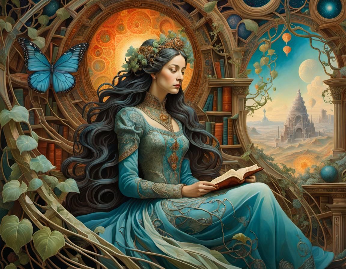 Regal Woman in Enigmatic Vines, Mixed Media Art