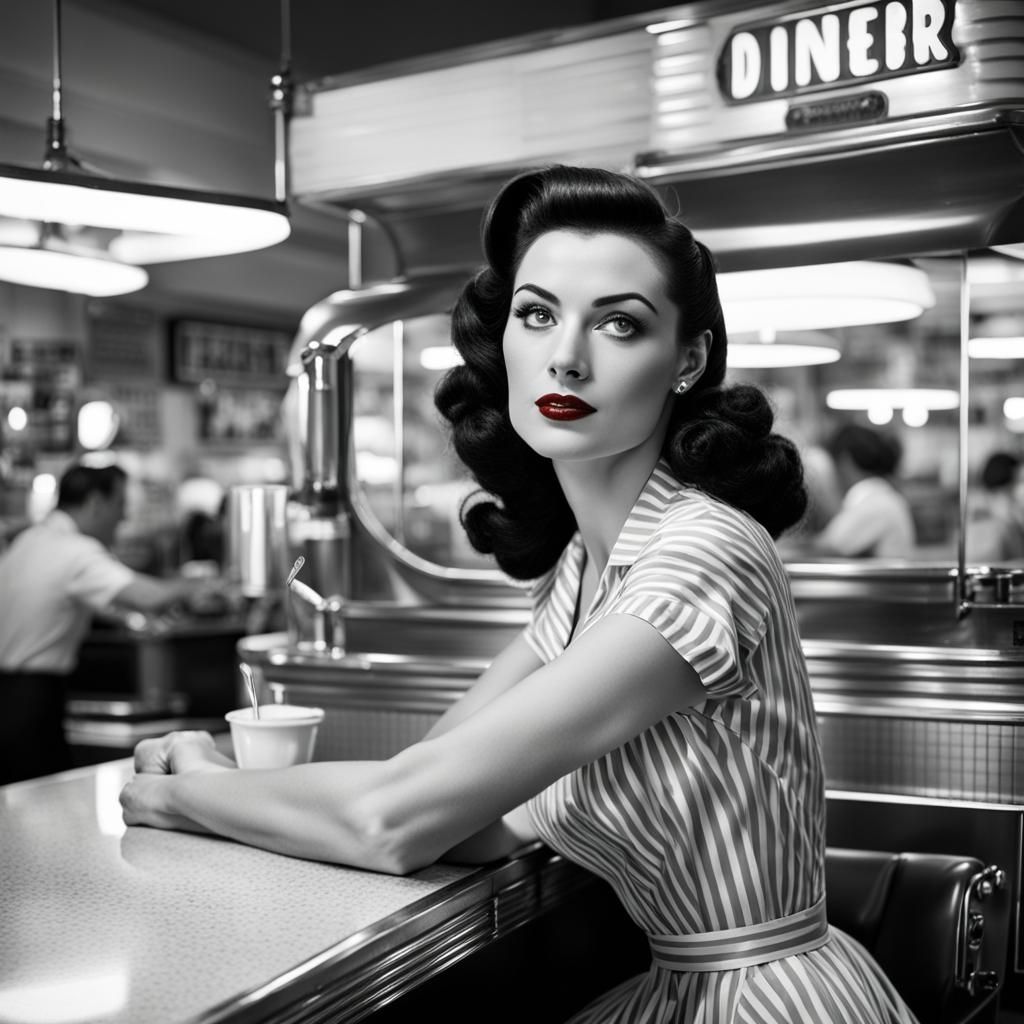 1950s Diner Scene with Dark-Haired Waitress