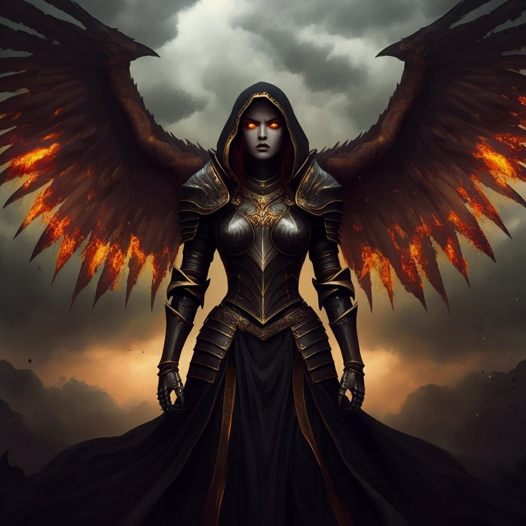 Armored Female with Fiery Wings in Dark Fantasy Style