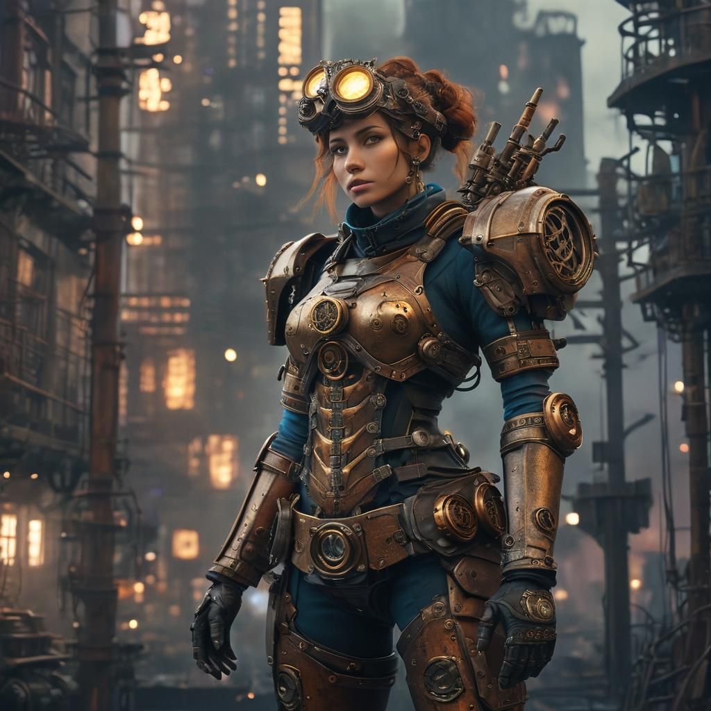 Steampunk Warrior in Industrial Cityscape