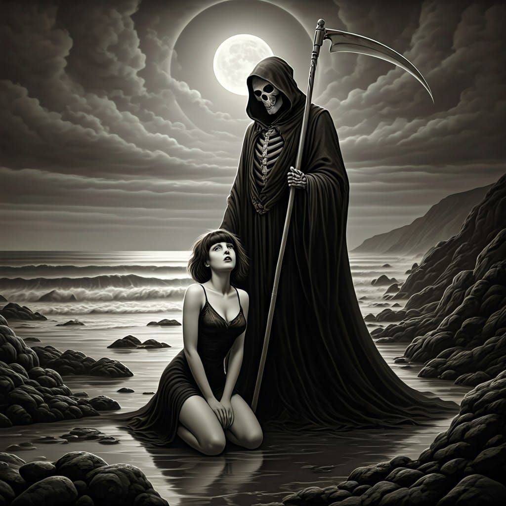 Grim Reaper Confrontation: Dark Fantasy Illustration