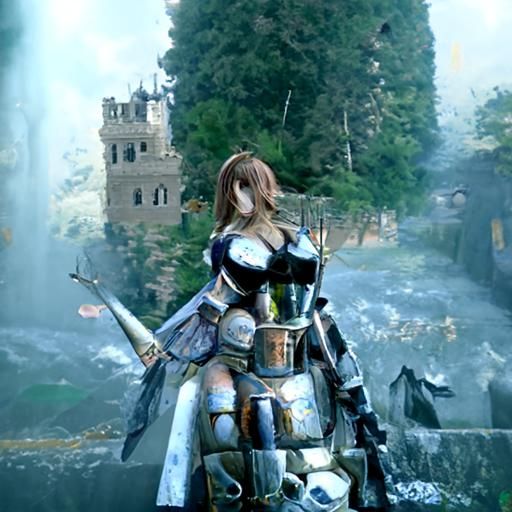 Beautiful Female Knight on Battlefield with Castle