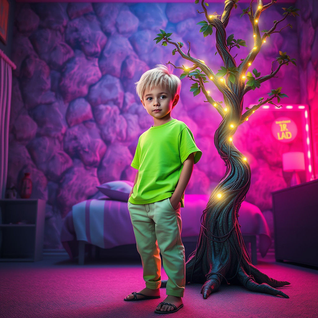 Boy in Retro Bedroom with Neon Tree, Hyperrealistic Style