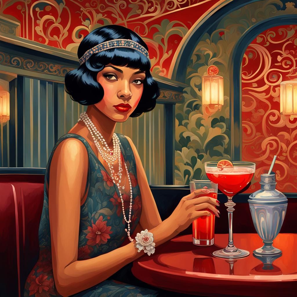 Rococo Painting of Woman in 1920s Bar