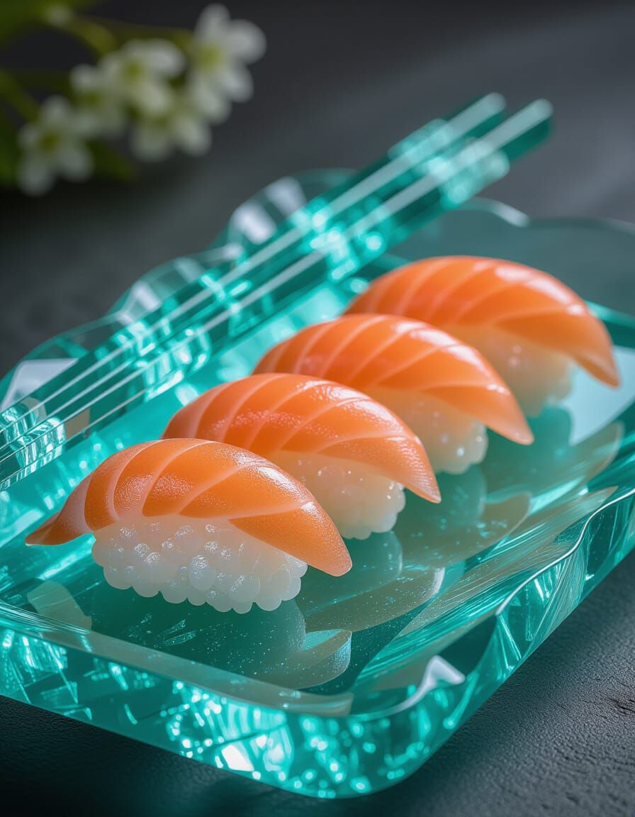 Crystal Sushi with Aquamarine Chopsticks in Glassblowing Sty...