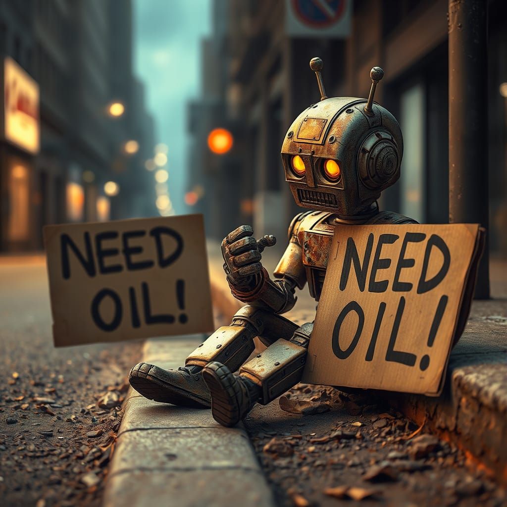 Rusty Robot Begs for Oil on Dystopian Street