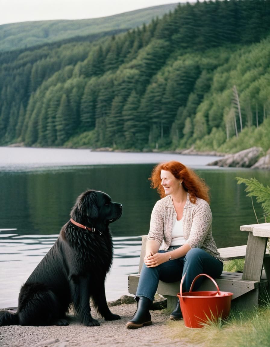Woman and Newfoundland Dog Relaxing Lakeside