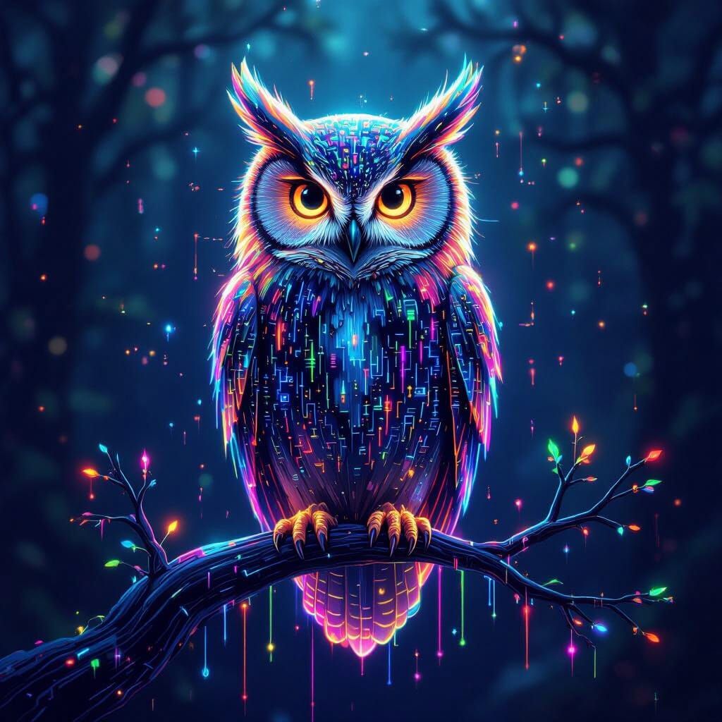 Rainbow Code Owl Perched in Ethereal Light