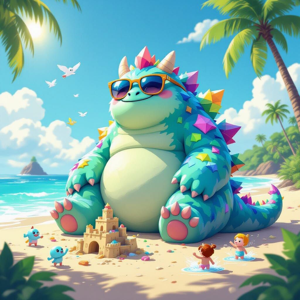 Gentle Giant Monster Enjoys Tropical Beach Vacation