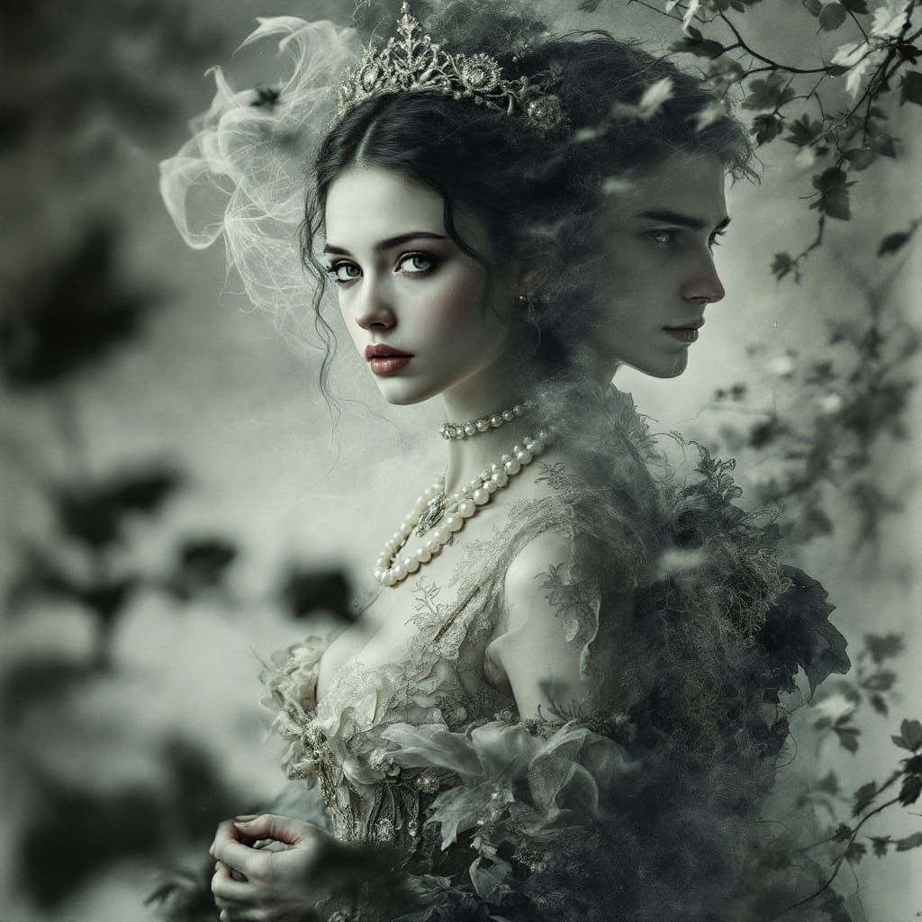 Haunting Double Exposure of Victorian Woman and Ghost