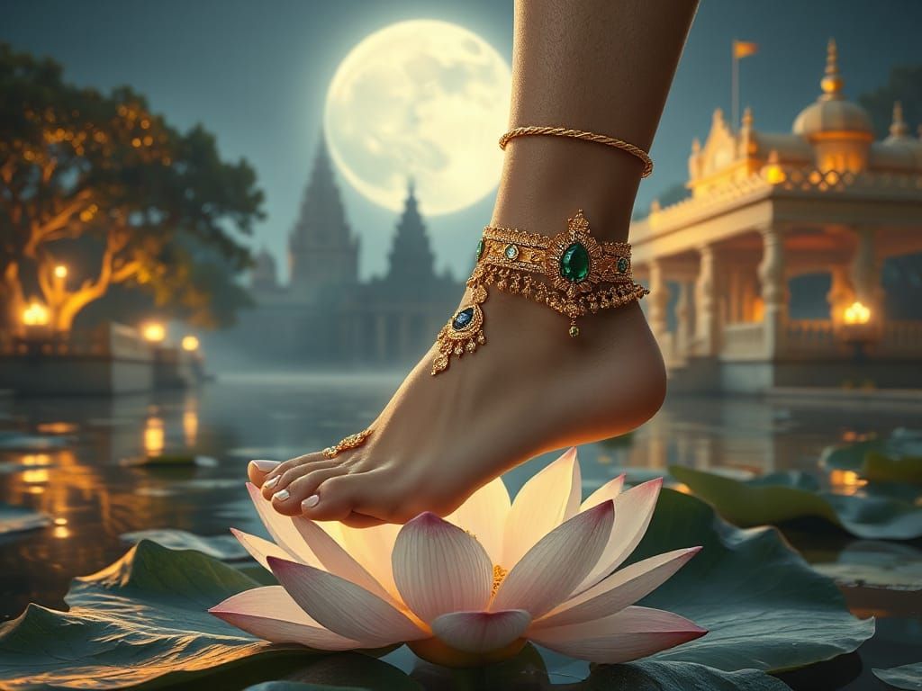 Jeweled Foot on Lotus Flower in Ornate Realism Style