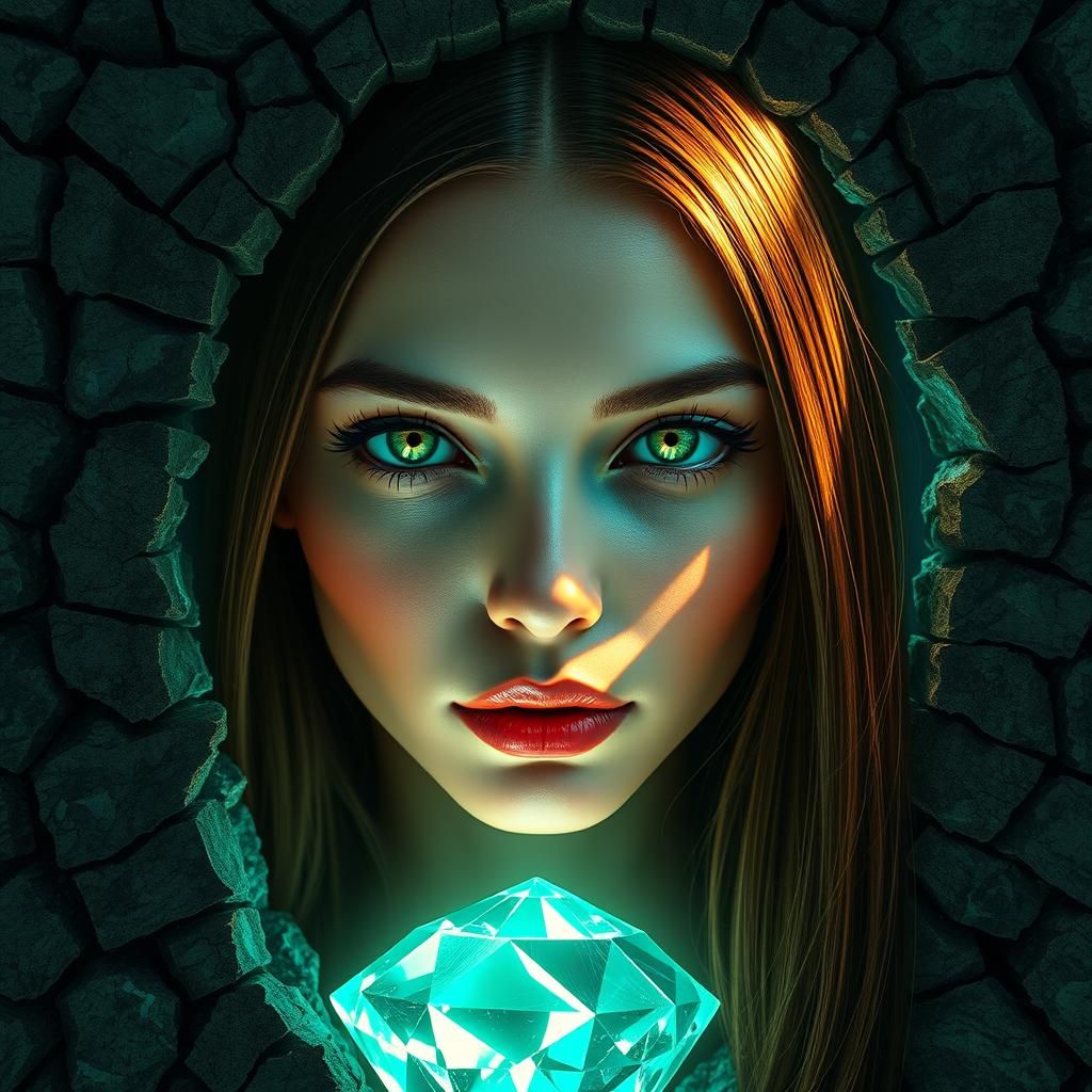 Woman Emerges from Diamond, Digital Art Nouveau Portrait