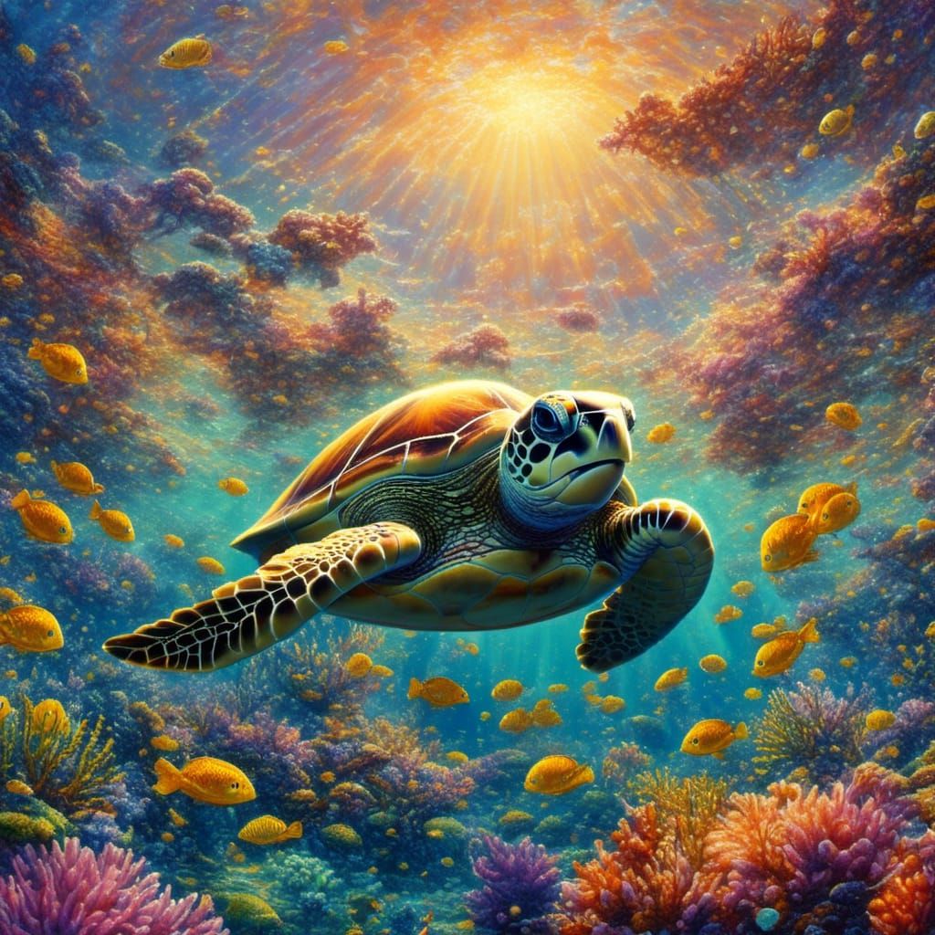 Green Sea Turtle in a Colorful Coral Reef