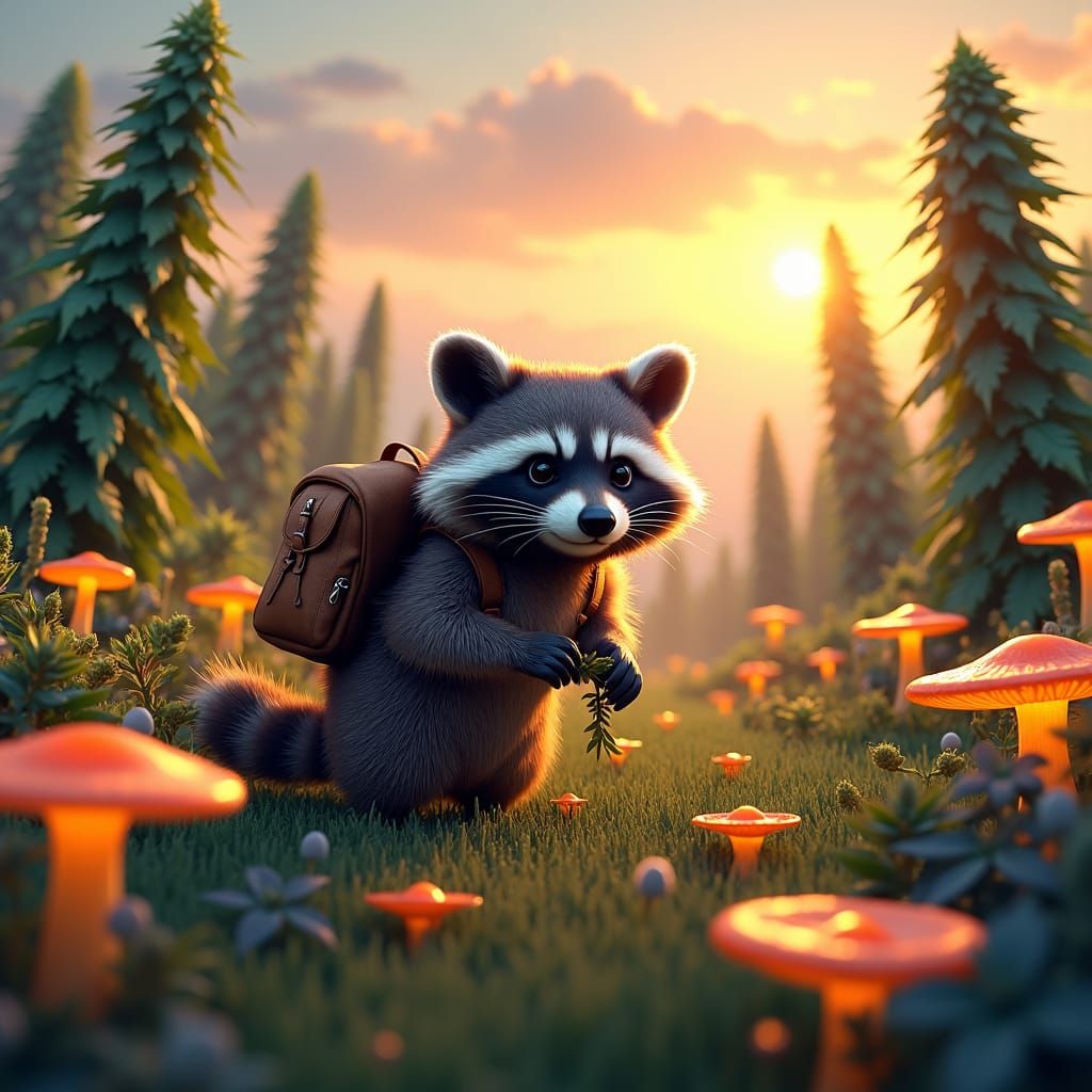 Raccoon Foraging in Iridescent Mushroom and Cannabis Field