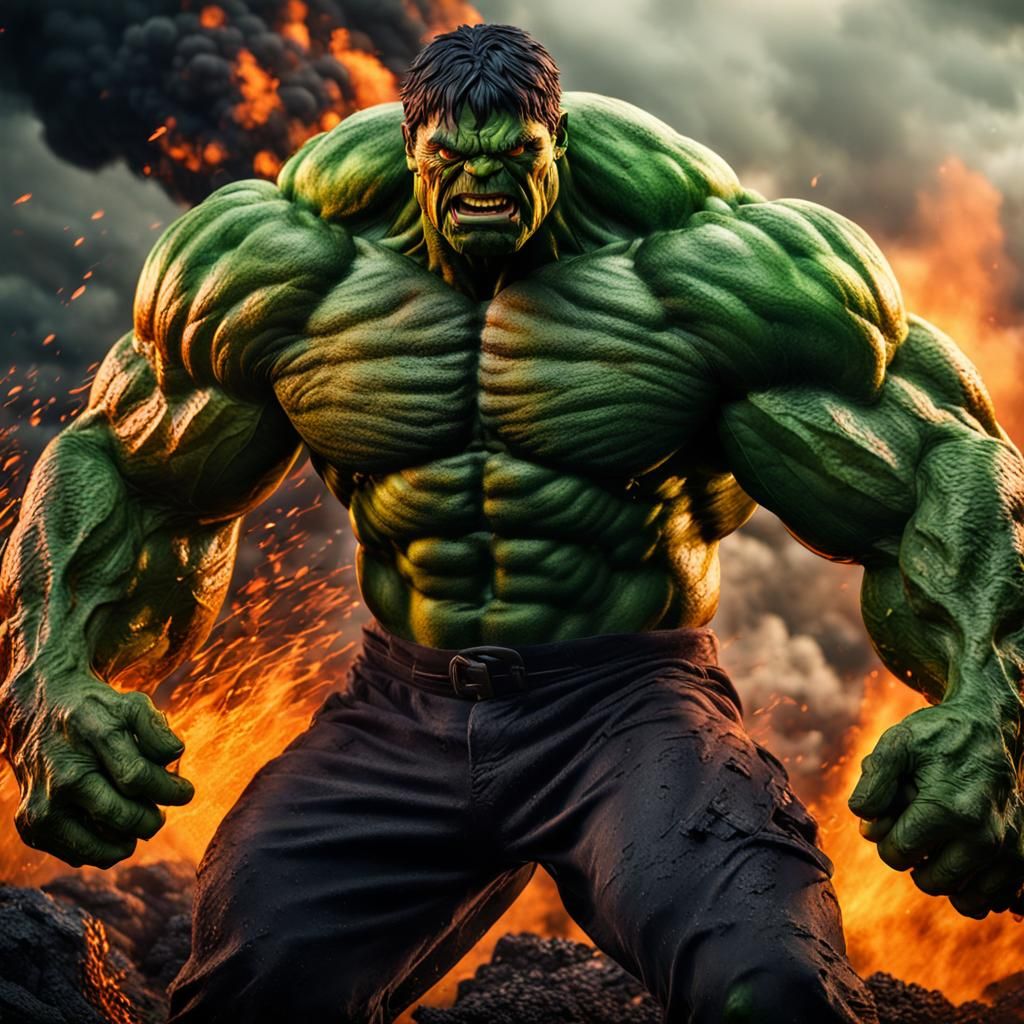 Hyperrealistic Hulk Emerges from Fiery Volcano