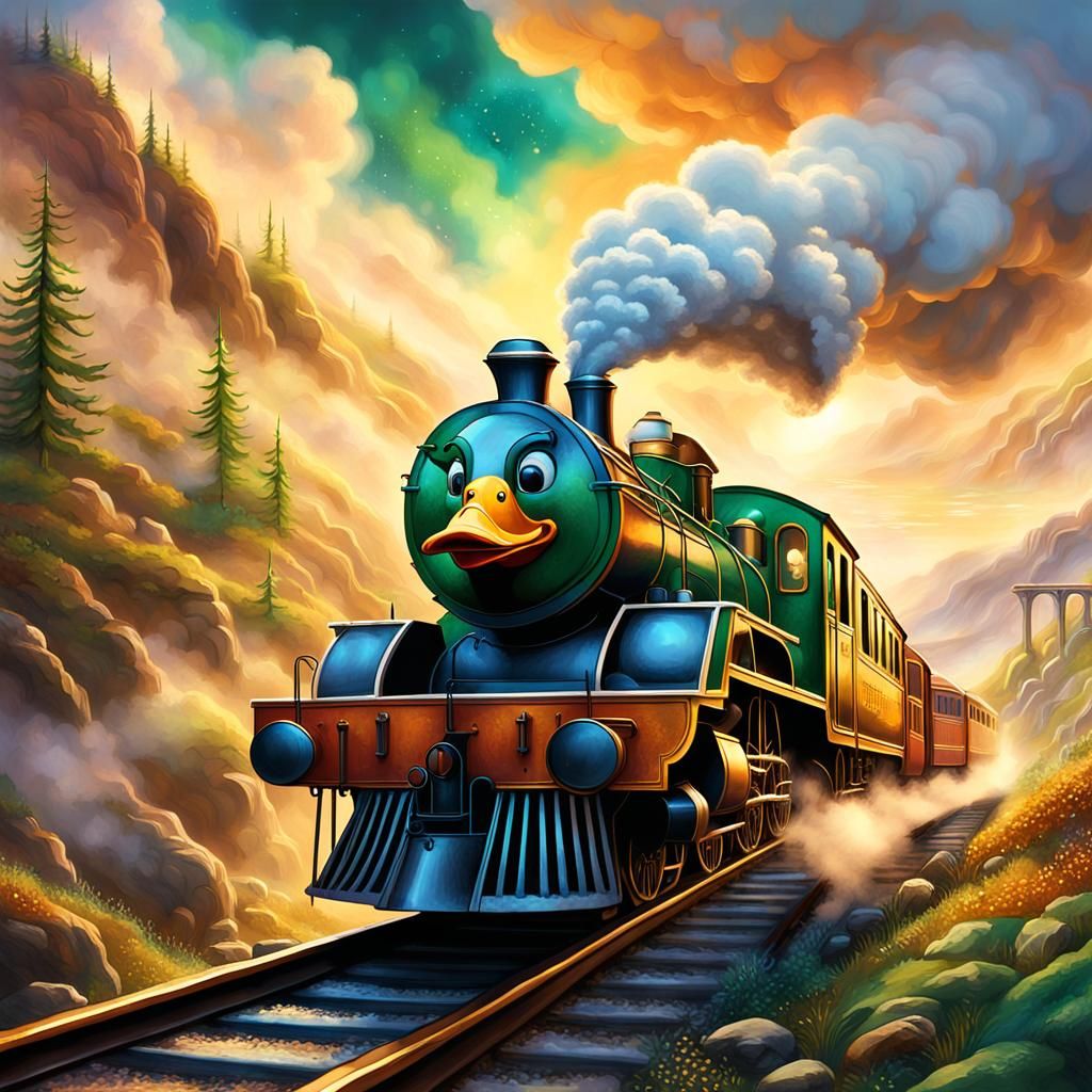 Duck Rides Train Through Misty Mountains