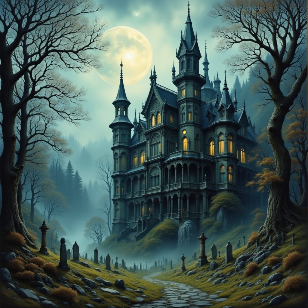 Gothic Mansion in Tim Burton Style with Ancient Atmosphere