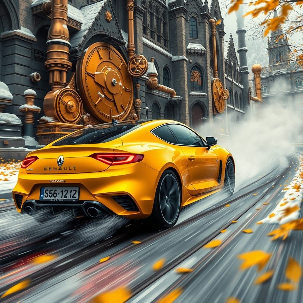 Steampunk Grenoble: Yellow Renault Coupe in Anime Style