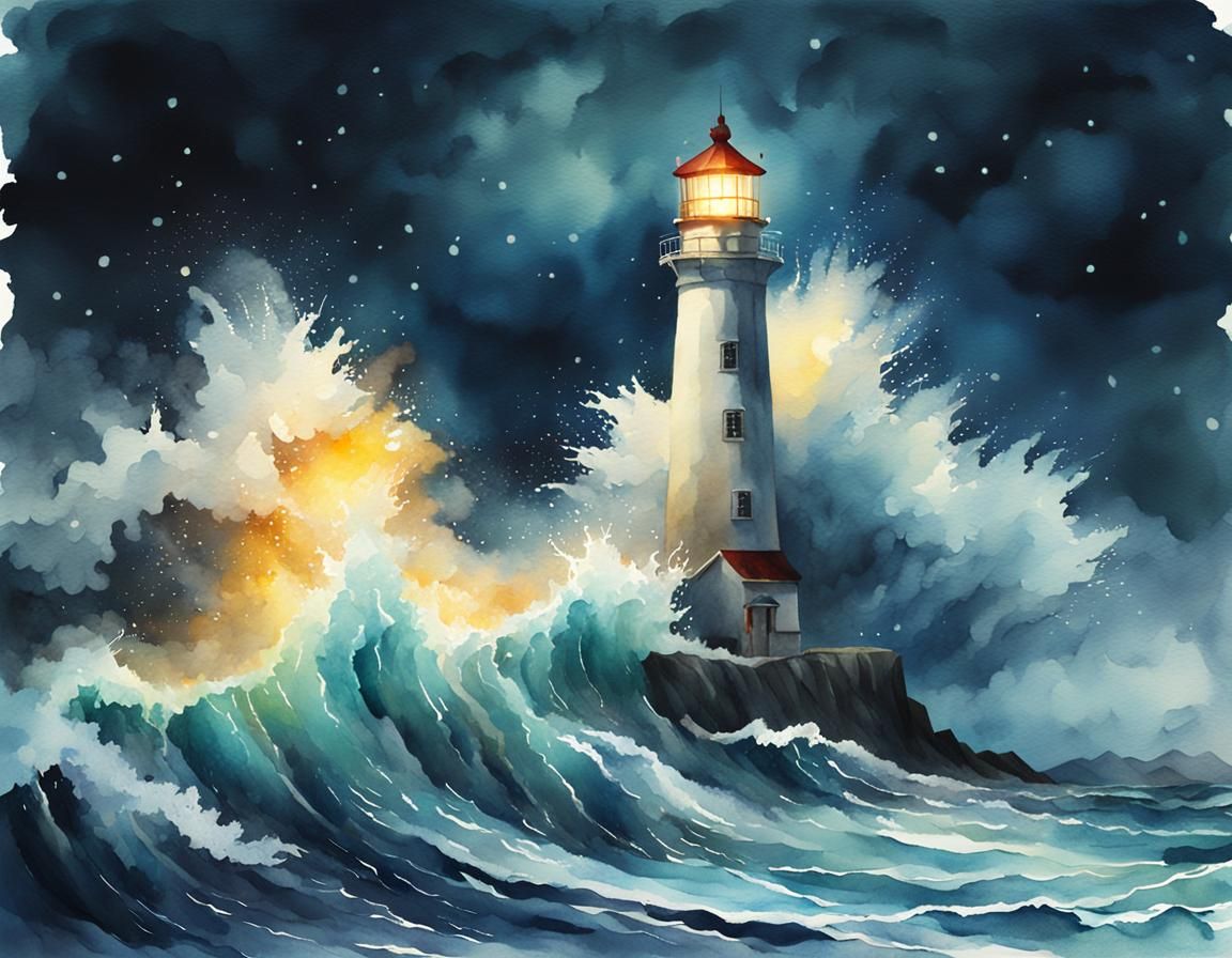 Lighthouse Surrounded by Ocean Waves, Watercolor Style